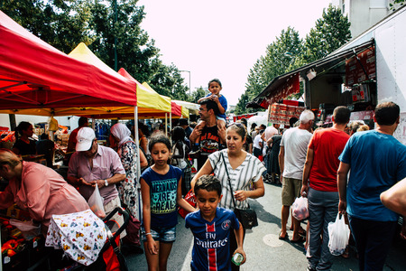 Reims France July 27, 2018 View of unknowns people shopping and walking at the Reims street market in the morningのeditorial素材