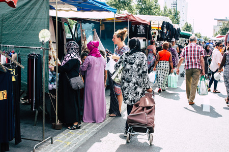 Reims France July 27, 2018 View of unknowns people shopping and walking at the Reims street market in the morningのeditorial素材
