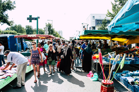 Reims France July 27, 2018 View of unknowns people shopping and walking at the Reims street market in the morningのeditorial素材
