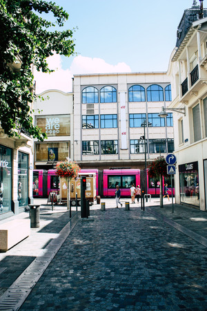 Reims France August 10, 2018 View of unknown people walking in the street of Reims in the afternoonのeditorial素材