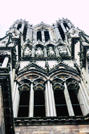Reims France August 13, 2018 View of the exterior facade of Notre Dame Cathedral in Reims in the afternoonのeditorial素材