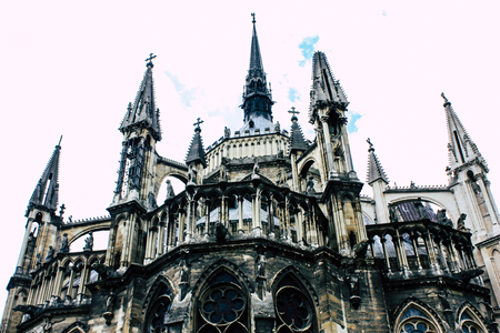 Reims France August 13, 2018 View of the exterior facade of Notre Dame Cathedral in Reims in the...