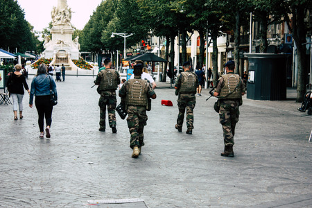 Reims France August 13, 2018 View of a French army patrol in the streets of Reims in the afternoonのeditorial素材