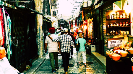 Jerusalem Israel June 18, 2018 View of unknowns people walking in the bazaar of Jaffa street at the...