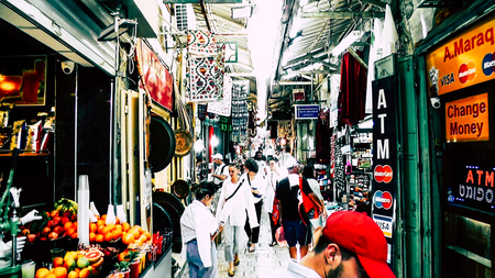 Jerusalem Israel June 18, 2018 View of unknowns people walking in the bazaar of Jaffa street at the old city of Jerusalem in the morningのeditorial素材