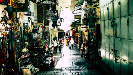 Jerusalem Israel June 18, 2018 View of unknowns people walking in the bazaar of Jaffa street at the old city of Jerusalem in the morningのeditorial素材