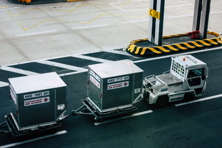 Paris France August 19, 2018 View of the departure area of ??the terminal 2C at the Charles de Gaulle International airport in the eveningのeditorial素材