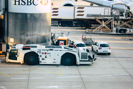Paris France August 19, 2018 View of the departure area of ??the terminal 2C at the Charles de Gaulle International airport in the eveningのeditorial素材