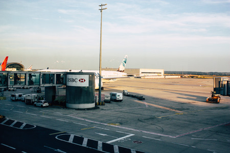 Paris France August 19, 2018 View of the departure area of ??the terminal 2C at the Charles de Gaulle International airport in the eveningのeditorial素材