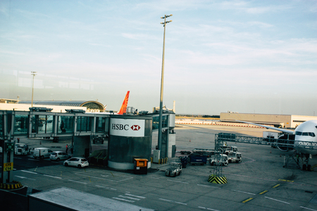 Paris France August 19, 2018 View of the departure area of ??the terminal 2C at the Charles de Gaulle International airport in the eveningのeditorial素材