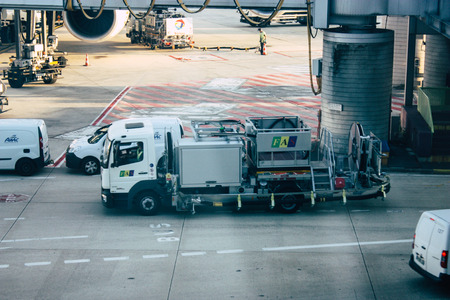 Paris France August 19, 2018 View of the departure area of ??the terminal 2C at the Charles de Gaulle International airport in the eveningのeditorial素材