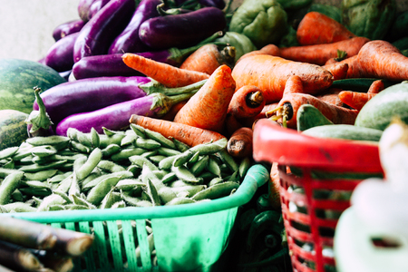 Closeup of various vegetables sold at the market in Thamel street in Kathmandu in the morningの写真素材