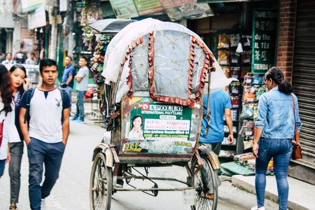 Kathmandu Nepal August 21, 2018 View of unknown Nepali people driving a touk touk in Thamel street...