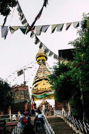 Kathmandu Nepal August 23, 2018 View of the Buddha stupa at Swayambhunath area in Kathmandu in the eveningのeditorial素材