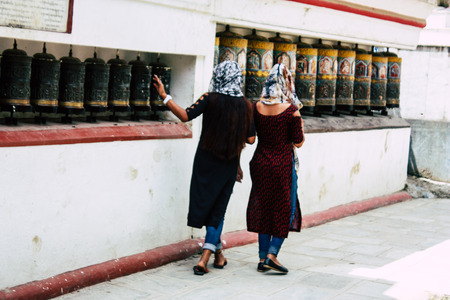 Kathmandu Nepal August 23, 2018 View of Tibetan prayer wheels at the Monkey temple in Swayambhunath area in Kathmandu in the eveningのeditorial素材