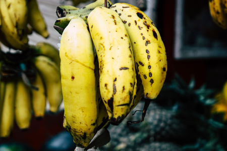 Kathmandu Nepal August 21, 2018 Closeup of various fruits sold at the market in Thamel street in Kathmandu in the morningの写真素材