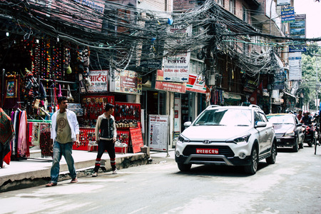 Kathmandu Nepal August 22, 2018 View of the Nepali traffic jam at Thamel street in Kathmandu in the morningのeditorial素材