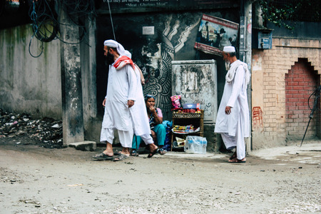 Kathmandu Nepal August 22, 2018 View of unknown Nepali people walking in Thamel street in Kathmandu in the morningのeditorial素材