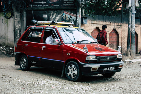 Kathmandu Nepal August 22, 2018 View of Nepali taxi at Thamel street in Kathmandu in the morningのeditorial素材