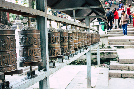 Kathmandu Nepal August 23, 2018 View of Tibetan prayer wheels at the Monkey temple in Swayambhunath area in Kathmandu in the eveningのeditorial素材
