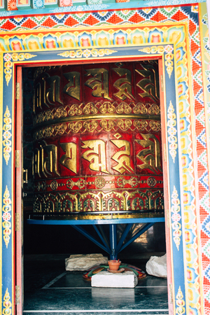 Kathmandu Nepal August 23, 2018 View of Tibetan prayer wheels at the Monkey temple in Swayambhunath area in Kathmandu in the eveningのeditorial素材