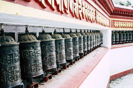 Kathmandu Nepal August 23, 2018 View of Tibetan prayer wheels at the Monkey temple in Swayambhunath area in Kathmandu in the eveningのeditorial素材