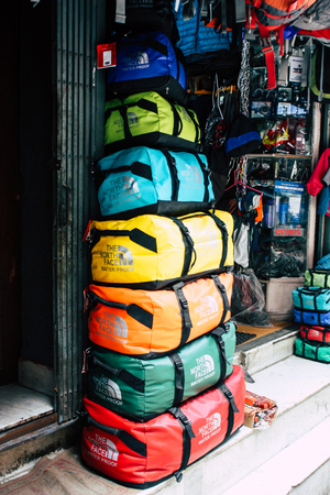 Kathmandu Nepal August 22, 2018 View of trekking equipment and wear sold at Thamel street in Kathmandu in the morningのeditorial素材