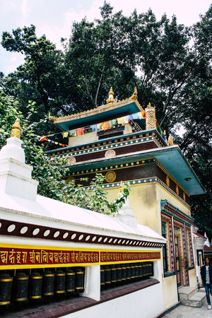 Kathmandu Nepal August 23, 2018 View of Tibetan prayer wheels at the Monkey temple in Swayambhunath area in Kathmandu in the eveningのeditorial素材