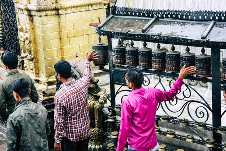 Kathmandu Nepal August 23, 2018 View of Tibetan prayer wheels at the Monkey temple in Swayambhunath...
