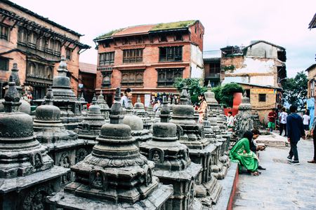Kathmandu Nepal August 23, 2018 View of black stupa located at the top of the Monkey temple Swayambhunath area in Kathmandu in the eveningのeditorial素材
