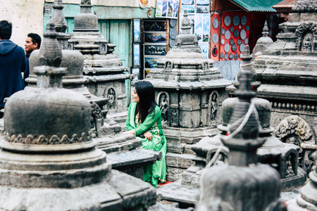 Kathmandu Nepal August 23, 2018 View of black stupa located at the top of the Monkey temple Swayambhunath area in Kathmandu in the eveningのeditorial素材