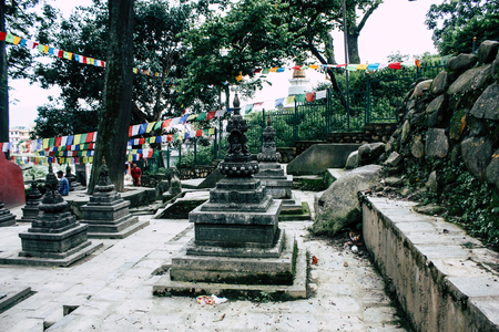 Kathmandu Nepal August 23, 2018 View of black stupa located at the top of the Monkey temple Swayambhunath area in Kathmandu in the eveningのeditorial素材
