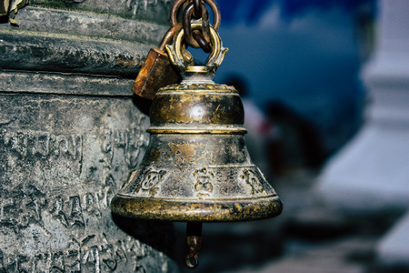 Kathmandu Nepal August 23, 2018 View of a Holy bell at the Monkey temple in Swayambhunath area in Kathmandu in the eveningの写真素材