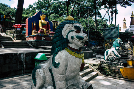 Kathmandu Nepal August 23, 2018 View of the temple located at the bottom of the Monkey temple in Swayambhunath district in Kathmandu in the eveningのeditorial素材