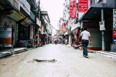 Kathmandu Nepal August 24, 2018 View of unknowns Nepali people walking in Thamel street in Kathmandu in the eveningのeditorial素材