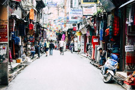 Kathmandu Nepal August 24, 2018 View of unknowns Nepali people walking in Thamel street in Kathmandu in the eveningのeditorial素材