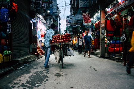 Kathmandu Nepal August 24, 2018 View of unknowns Nepali people walking in Thamel street in Kathmandu in the eveningのeditorial素材
