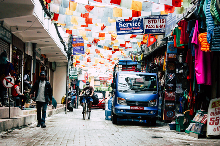 Kathmandu Nepal August 24, 2018 View of unknowns Nepali people walking in Thamel street in Kathmandu in the eveningのeditorial素材