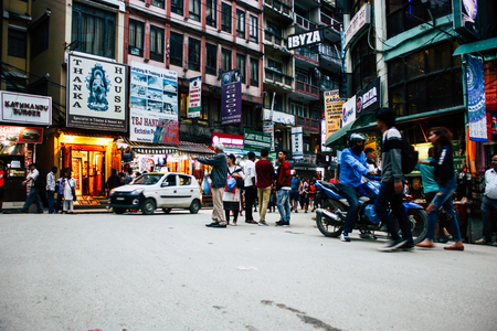 Kathmandu Nepal August 24, 2018 View of unknowns Nepali people walking in Thamel street in Kathmandu in the eveningのeditorial素材