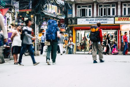 Kathmandu Nepal August 24, 2018 View of unknowns Nepali people walking in Thamel street in Kathmandu...