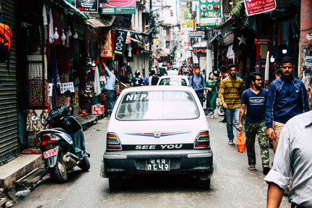 Kathmandu Nepal August 24, 2018 View of unknowns Nepali people walking in Thamel street in Kathmandu...