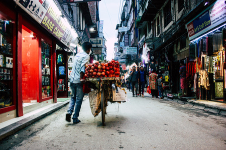 Kathmandu Nepal August 24, 2018 View of unknowns Nepali people walking in Thamel street in Kathmandu...