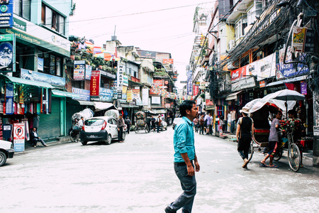 Kathmandu Nepal August 24, 2018 View of unknowns Nepali people walking in Thamel street in Kathmandu in the eveningのeditorial素材