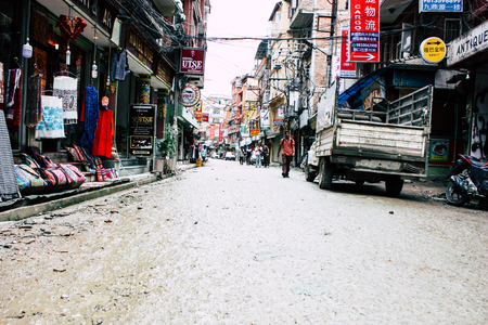 Kathmandu Nepal August 24, 2018 View of unknowns Nepali people walking in Thamel street in Kathmandu...