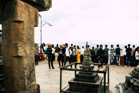 Kathmandu Nepal August 23, 2018 View of unknowns tourist visiting the Monkey temple located Swayambhunath district in Kathmandu in the eveningのeditorial素材