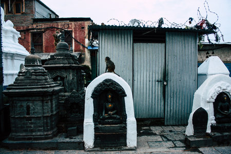 Kathmandu Nepal August 23, 2018 View of the temple located at the top of the Monkey temple in Swayambhunath area in Kathmandu in the eveningのeditorial素材