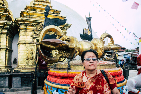 Kathmandu Nepal August 23, 2018 View of unknowns tourist visiting the Monkey temple located Swayambhunath district in Kathmandu in the eveningのeditorial素材