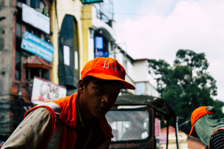 Kathmandu Nepal August 26, 2018 View of unknowns Nepali worker cleaning the street at Thamel district in Kathmandu in the afternoonのeditorial素材