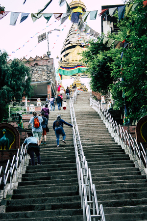 Kathmandu Nepal August 23, 2018 View of unknowns tourist visiting the Monkey temple located Swayambhunath district in Kathmandu in the eveningのeditorial素材