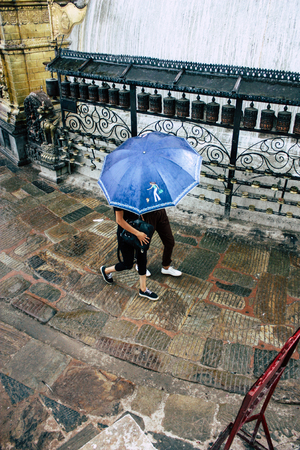 Kathmandu Nepal August 23, 2018 View of unknowns tourist visiting the Monkey temple located Swayambhunath district in Kathmandu in the eveningのeditorial素材